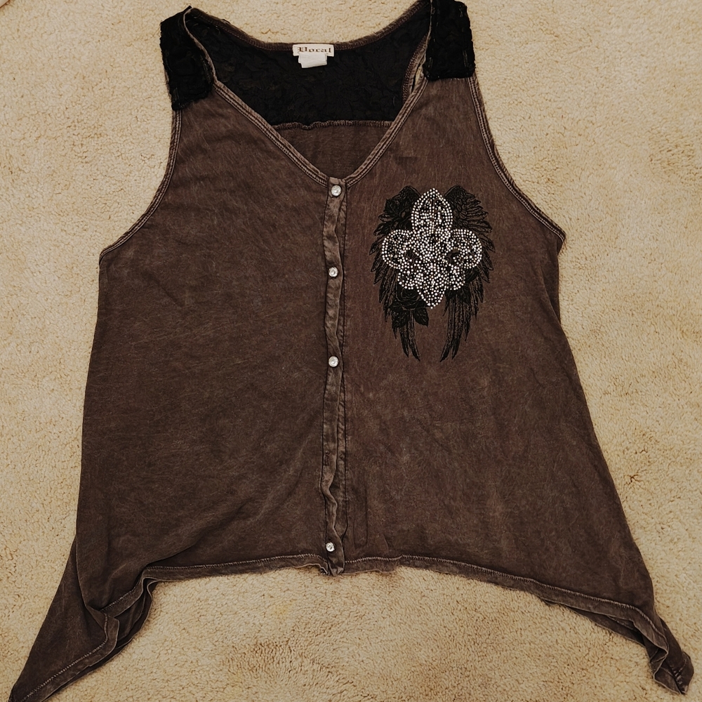 Y2K Vocal Grunge Rhinestone Fleur de lis & Angel Wings w Lace Detail Tank Top - Picture 11 of 14